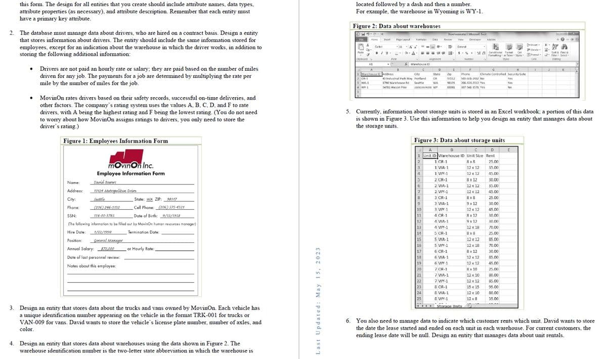 this form. The design for all entities that you create should include attribute names, data types,
attribute properties (as necessary), and attribute description. Remember that each entity must
have a primary key attribute.
2. The database must manage data about drivers, who are hired on a contract basis. Design a entity
that stores information about drivers. The entity should include the same information stored for
employees, except for an indication about the warehouse in which the driver works, in addition to
storing the following additional information:
● Drivers are not paid an hourly rate or salary; they are paid based on the number of miles
driven for any job. The payments for a job are determined by multiplying the rate per
mile by the number of miles for the job.
● MovinOn rates drivers based on their safety records, successful on-time deliveries, and
other factors. The company's rating system uses the values A, B, C, D, and F to rate
drivers, with A being the highest rating and F being the lowest rating. (You do not need
to worry about how MovinOn assigns ratings to drivers, you only need to store the
driver's rating.)
Figure 1: Employees Information Form
Name:
Address:
mOvinOn Inc.
Employee Information Form
David Bowers
10124 Metropolitan Drive
City:
Seattle
State: WA ZIP: 98117
Phone:
(206) 246-5132
154-00-3785
Cell Phone: (206) 575-4321
Date of Birth: 9/12/1958
SSN:
(The following information to be filled out by MovinOn human resources manager)
Hire Date:
1/22/1998
Termination Date:
General Manager
Position:
Annual Salary: $72,000
Date of last personnel review:
Notes about this employee:
or Hourly Rate:
3. Design an entity that stores data about the trucks and vans owned by MovinOn. Each vehicle has
a unique identification number appearing on the vehicle in the format TRK-001 for trucks or
VAN-009 for vans. David wants to store the vehicle's license plate number, number of axles, and
color.
4. Design an entity that stores data about warehouses using the data shown in Figure 2. The
warehouse identification number is the two-letter state abbreviation in which the warehouse is
Last Updated: May 15, 2023
located followed by a dash and then a number.
For example, the warehouse in Wyoming is WY-1.
Figure 2: Data about warehouses
25-
File
%
J
Clipboard a
A1
Insert
Cab
BIU
1 Warehouse ID Address
2 OR-1
3 WA-1
4 WY-L
Formulas Data
60-
-11-AA === *- 3
- A === -
Warehouse ID
City
State
CR
#3 Industrial Park Way Portland
Seattle
8798 Warehouse Rd
WA
54781 Hixson Pike
Jackson Hole WY
6
10
11
Alignment
12
13
14
20
Warehouseaha Microsoft Excel
*
19
20
Zip
97212
98121
83001
Figure 3: Data about storage units
21
22
23
24
25
14
A
B
1 Unit ID Warehouse ID Unit Size Rent
1 CR-1
2
8x8
3
1 WA-1
4
1 WY-1
2 CR-1
2 WA-1
2 WY-1
3 OR-1
jong
5. Currently, information about storage units is stored in an Excel workbook; a portion of this data
is shown in Figure 3. Use this information to help you design an entity that manages data about
the storage units.
General
3 WA-1
Mag
3 WY-1
4 OR-1
Number
4
WA-1
con
4 WY-1
5 OR-1
5 WA-1
WA-1
5 WY-1
Swf-1
6 OR-1
6 WA-1
www
6 WY-1
owne
7 CR-1
7 WA-1
7 WY-1
On
8 CR-1
28 29
Phone Climate Controlled Security Gate
503-551-2432 No
206-324-2312 Yes
307-541-3571 Yes
8 WA-1
8 WY-1
Storage Units
12 x 12
12 x 12
8 x 12
12 x 12
L
Conditional Format Cell
Formatting as Table Styles -
Styles
12 x 12
8x8
6x5
9 x 12
DALE
12 x 12
8 x 12
9 x 12
Fee
12 x 18
462
12 x 12
442 44
12 x 18
8 x 12
12 x 12
12 x 12
ka
8 x 10
ok.com
12 x 10
* A 40
12 x 12
15 x 15
12 x 10
12 x 8
25.00
35.00
45.00
30.00
30.00
53.00
35.00
45.00
45.00
25.00
20:00
30.00
www
45.00
30.00
www
30.00
70.00
25.00
www
85.00
www.
70.00
10:00
30.00
www.w
85.00
45.00
25.00
Conve
80.00
85.00
95.00
No
80.00
35.00
Inter-
Delete
3 Formal
Cell:
Sort & Find &
2Fiter-Select-
Eating
6. You also need to manage data to indicate which customer rents which unit. David wants to store
the date the lease started and ended on each unit in each warehouse. For current customers, the
ending lease date will be null. Design an entity that manages data about unit rentals.