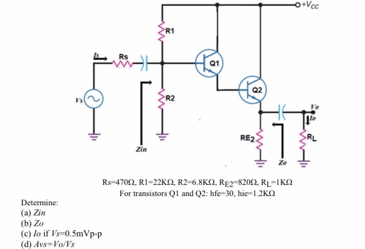 o+Vcc
R1
Rs
Q1
Q2
R2
Vs
1
RE2.
RL
Zin
Zo
Rs-470Ω, R1-22KΩ, R2-6.8 ΚΩ, RE2-820Ω, RL-1ΚΩ
For transistors Q1 and Q2: hfe=30, hie=1.2KN
Determine:
(a) Zin
(b) Zo
(c) lo if Vs=0.5mVp-p
(d) Avs=Vo/Vs
