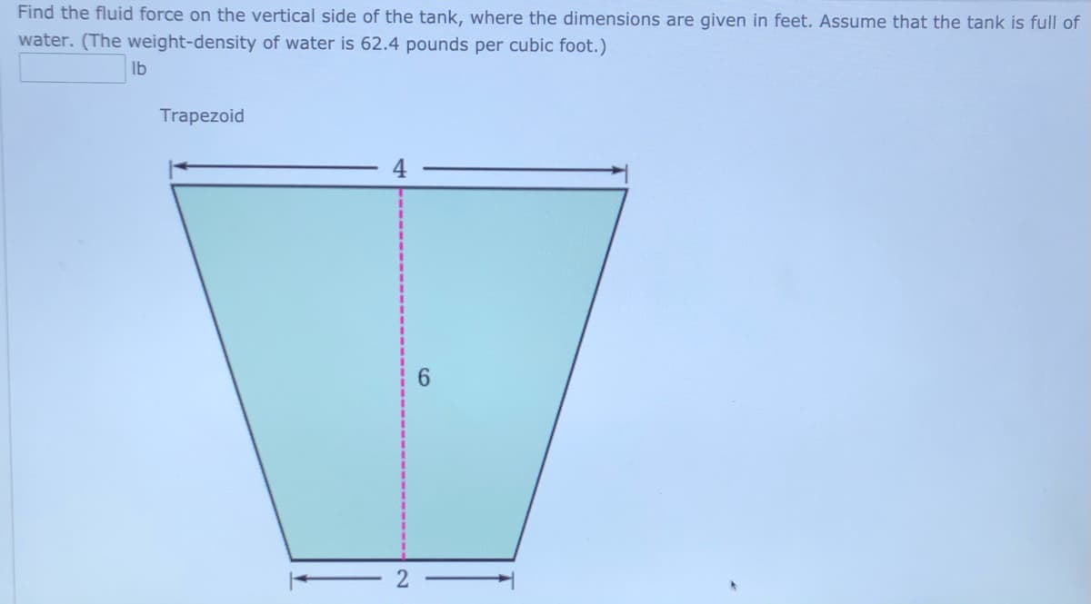 Find the fluid force on the vertical side of the tank, where the dimensions are given in feet. Assume that the tank is full of
water. (The weight-density of water is 62.4 pounds per cubic foot.)
lb
Trapezoid
6.
2
