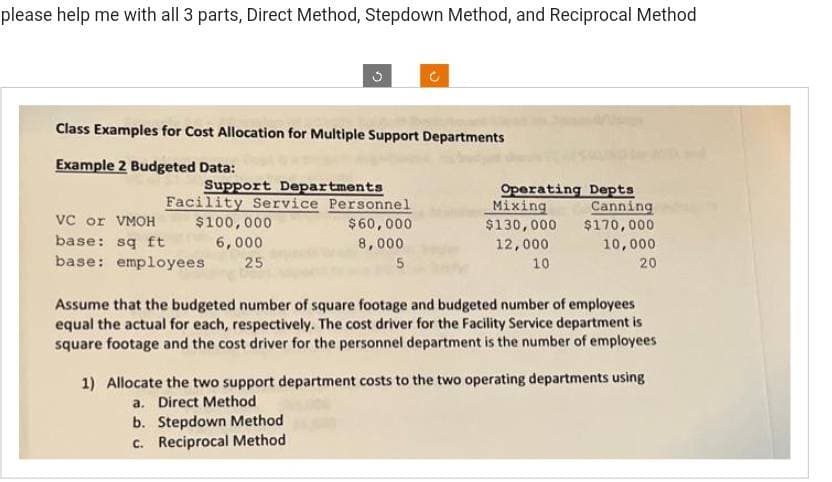 please help me with all 3 parts, Direct Method, Stepdown Method, and Reciprocal Method
Class Examples for Cost Allocation for Multiple Support Departments
Example 2 Budgeted Data:
Support Departments
Facility Service Personnel
$100,000
$60,000
6,000
8,000
5
VC or VMOH
base: sq ft
base: employees 25
Operating Depts
Mixing
$130,000
12,000
10
Canning
$170,000
10,000
20
Assume that the budgeted number of square footage and budgeted number of employees
equal the actual for each, respectively. The cost driver for the Facility Service department is
square footage and the cost driver for the personnel department is the number of employees
1) Allocate the two support department costs to the two operating departments using
a. Direct Method
b. Stepdown Method
c. Reciprocal Method