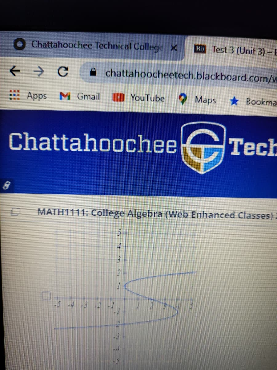 Chattahoochee Technical College X
H Test 3 (Unit 3)- E
chattahoocheetech.blackboard.com/w
Apps M Gmail
YouTube
Maps
* Bookma
ChattahoocheeCTech
MATH1111: College Algebra (Web Enhanced Classes) :
-5 -4 -3
