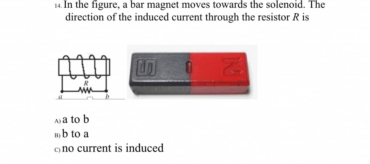 14. In the figure, a bar magnet moves towards the solenoid. The
direction of the induced current through the resistor R is
R
ww
A) a to b
b to a
В)
C) no current is induced
