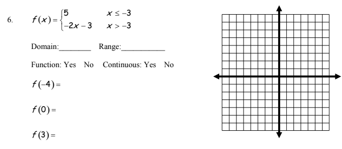 6.
f(x)=
Domain:
(5
f(-4)=
f(0) =
f(3) =
-2x-3
x≤-3
x>-3
Range:
Function: Yes No Continuous: Yes No