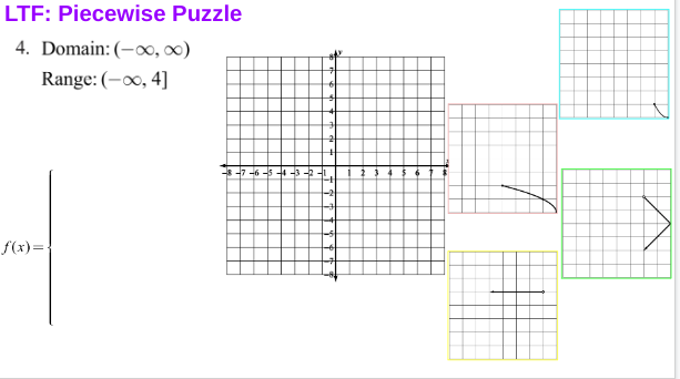LTF: Piecewise Puzzle
4. Domain: (-∞, ∞)
Range: (-∞, 4]
f(x)=
1