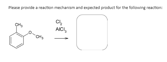 Please provide a reaction mechanism and expected product for the following reaction:
CH3
Cl₂
AICI 3
CH3