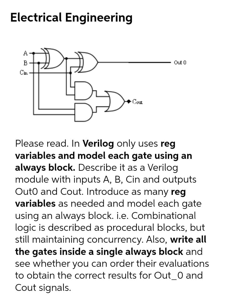 Electrical Engineering
A
B
Out 0
Cout
Please read. In Verilog only uses reg
variables and model each gate using an
always block. Describe it as a Verilog
module with inputs A, B, Cin and outputs
Outo and Cout. Introduce as many reg
variables as needed and model each gate
using an always block. i.e. Combinational
logic is described as procedural blocks, but
still maintaining concurrency. Also, write all
the gates inside a single always block and
see whether you can order their evaluations
to obtain the correct results for Out_0 and
Cout signals.
