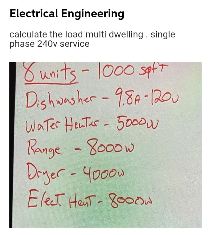 Electrical Engineering
calculate the load multi dwelling . single
phase 240v service
8 units- 1000 sptT
Dishwasher-9.8A-1200
Water Heutar- 50ow
Range - 8000w
Drger - 4000
Elect Heat-8000w

