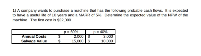 1) A company wants to purchase a machine that has the following probable cash flows. It is expected
to have a useful life of 10 years and a MARR of 5%. Determine the expected value of the NPw of the
machine. The first cost is $32,000
Annual Costs
Salvage Value
p= 60%
2$
2,000
2$
15,000 | $
p= 40%
3,000
10,000
$
