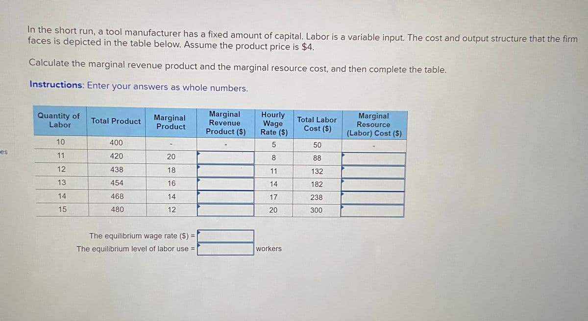 In the short run, a tool manufacturer has a fixed amount of capital. Labor is a variable input. The cost and output structure that the firm
faces is depicted in the table below. Assume the product price is $4.
Calculate the marginal revenue product and the marginal resource cost, and then complete the table.
Instructions: Enter your answers as whole numbers.
Quantity of
Labor
Marginal
Product
Marginal
Revenue
Hourly
Wage
Rate ($)
Marginal
Resource
Total Product
Total Labor
Product ($)
Cost ($)
(Labor) Cost ($)
10
400
5
50
es
11
420
20
8.
88
12
438
18
11
132
13
454
16
14
182
14
468
14
17
238
15
480
12
20
300
The equilibrium wage rate ($) =
The equilibrium level of labor use =
workers
