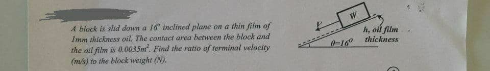 A block is slid down a 16 inclined plane on a thin film of
W
Imm thickness oil. The contact area between the block and
the oil film is 0.0035m. Find the ratio of terminal velocity
(m/s) to the block weight (N).
h, oil film
thickness
0-16°
