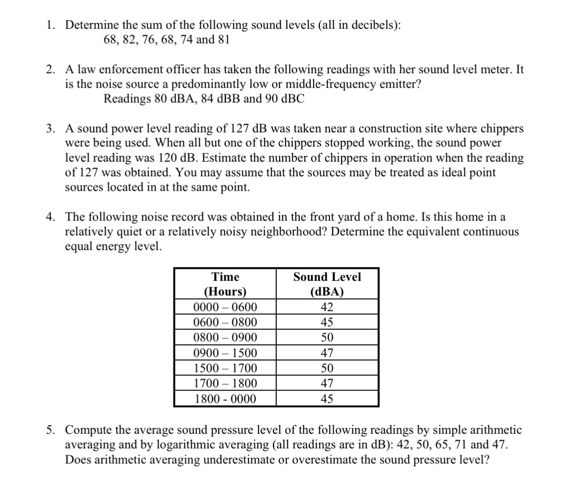 1. Determine the sum of the following sound levels (all in decibels):
68, 82, 76, 68, 74 and 81
2. A law enforcement officer has taken the following readings with her sound level meter. It
is the noise source a predominantly low or middle-frequency emitter?
Readings 80 dBA, 84 dBB and 90 dBC
3. A sound power level reading of 127 dB was taken near a construction site where chippers
were being used. When all but one of the chippers stopped working, the sound power
level reading was 120 dB. Estimate the number of chippers in operation when the reading
of 127 was obtained. You may assume that the sources may be treated as ideal point
sources located in at the same point.
4. The following noise record was obtained in the front yard of a home. Is this home in a
relatively quiet or a relatively noisy neighborhood? Determine the equivalent continuous
equal energy level.
Time
(Hours)
0000-0600
0600-0800
0800-0900
0900 - 1500
1500-1700
1700 - 1800
1800 - 0000
Sound Level
(dBA)
42
45
50
47
50
47
45
5. Compute the average sound pressure level of the following readings by simple arithmetic
averaging and by logarithmic averaging (all readings are in dB): 42, 50, 65, 71 and 47.
Does arithmetic averaging underestimate or overestimate the sound pressure level?