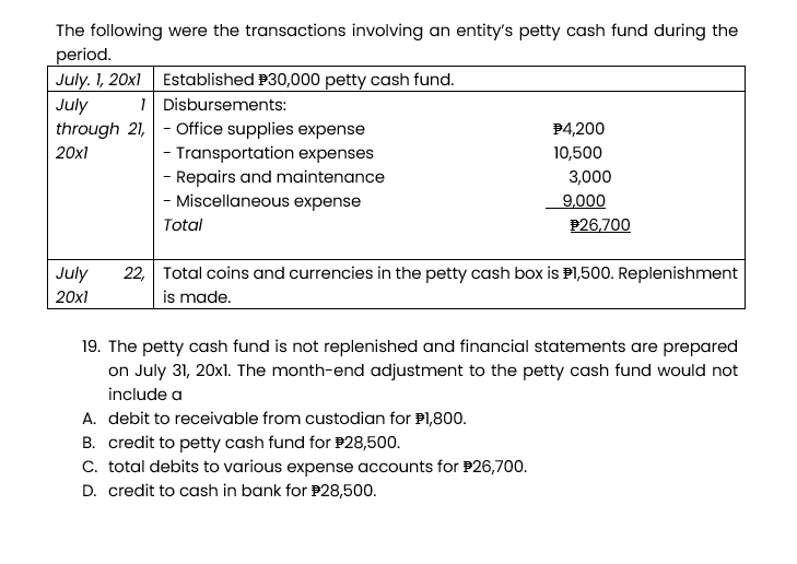 The following were the transactions involving an entity's petty cash fund during the
period.
July 1, 20x1 Established $30,000 petty cash fund.
July
1
Disbursements:
through 21,
20x1
- Office supplies expense
- Transportation expenses
- Repairs and maintenance
- Miscellaneous expense
Total
$4,200
10,500
3,000
9,000
A. debit to receivable from custodian for $1,800.
B. credit to petty cash fund for $28,500.
C. total debits to various expense accounts for $26,700.
D. credit to cash in bank for $28,500.
P26,700
July 22, Total coins and currencies in the petty cash box is $1,500. Replenishment
20x1
is made.
19. The petty cash fund is not replenished and financial statements are prepared
on July 31, 20x1. The month-end adjustment to the petty cash fund would not
include a