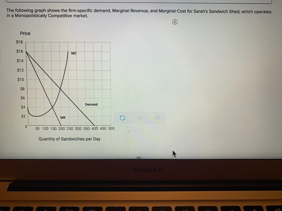 The following graph shows the firm-specific demand, Marginal Revenue, and Marginal Cost for Sarah's Sandwich Shed, which operates
in a Monopolistically Competitive market.
Price
$18
$16
MC
$14
$12
$10
$8
$6
Demand
$4
$2
MR
50 100 150 200 250 300 350 400 450 500
Quantity of Sandwiches per Day
MacBook Air
