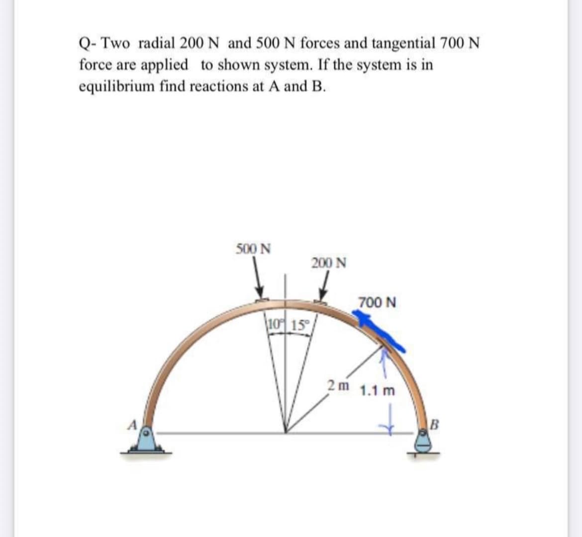 Q- Two radial 200 N and 500 N forces and tangential 700 N
force are applied to shown system. If the system is in
equilibrium find reactions at A and B.
500 N
200 N
700 N
10 15
2m 1.1 m
