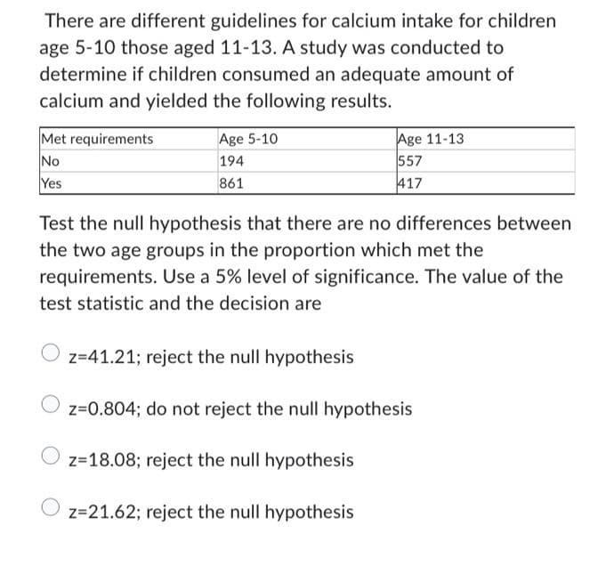 There are different guidelines for calcium intake for children
age 5-10 those aged 11-13. A study was conducted to
determine if children consumed an adequate amount of
calcium and yielded the following results.
Met requirements
No
Yes
Age 5-10
194
861
Test the null hypothesis that there are no differences between
the two age groups in the proportion which met the
requirements. Use a 5% level of significance. The value of the
test statistic and the decision are
z=41.21; reject the null hypothesis
Age 11-13
557
417
z=0.804; do not reject the null hypothesis
z=18.08; reject the null hypothesis
z=21.62; reject the null hypothesis