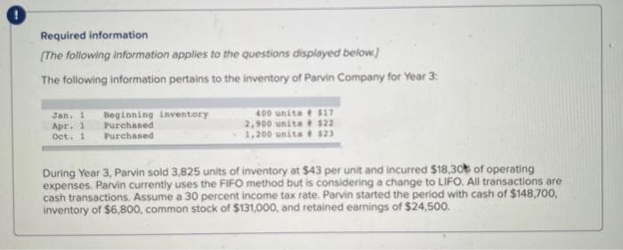 Required information
[The following information applies to the questions displayed below]
The following information pertains to the inventory of Parvin Company for Year 3:
Jan. 1 Beginning inventory
Apr, 1
Oct. 1
Purchased
Purchased
400 units # $17
2,900 units # $22
1,200 units # $23
During Year 3, Parvin sold 3,825 units of inventory at $43 per unit and incurred $18,30% of operating
expenses. Parvin currently uses the FIFO method but is considering a change to LIFO. All transactions are
cash transactions. Assume a 30 percent income tax rate. Parvin started the period with cash of $148,700,
inventory of $6,800, common stock of $131,000, and retained earnings of $24,500.