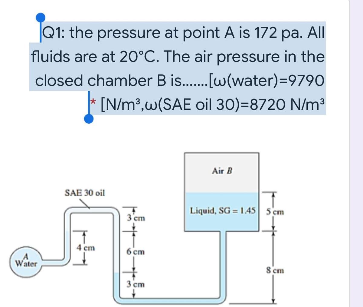 All
|Q1: the pressure at point A is 172
fluids are at 20°C. The air pressure in the
ра.
closed chamber B is..[w(water)=9790
* [N/m?,w(SAE oil 30)=8720 N/m³
Air B
SAE 30 oil
Liquid, SG = 1.45| 5 cm
3 'cm
4 cm
6 cm
Water
A
8 cm
3 cm

