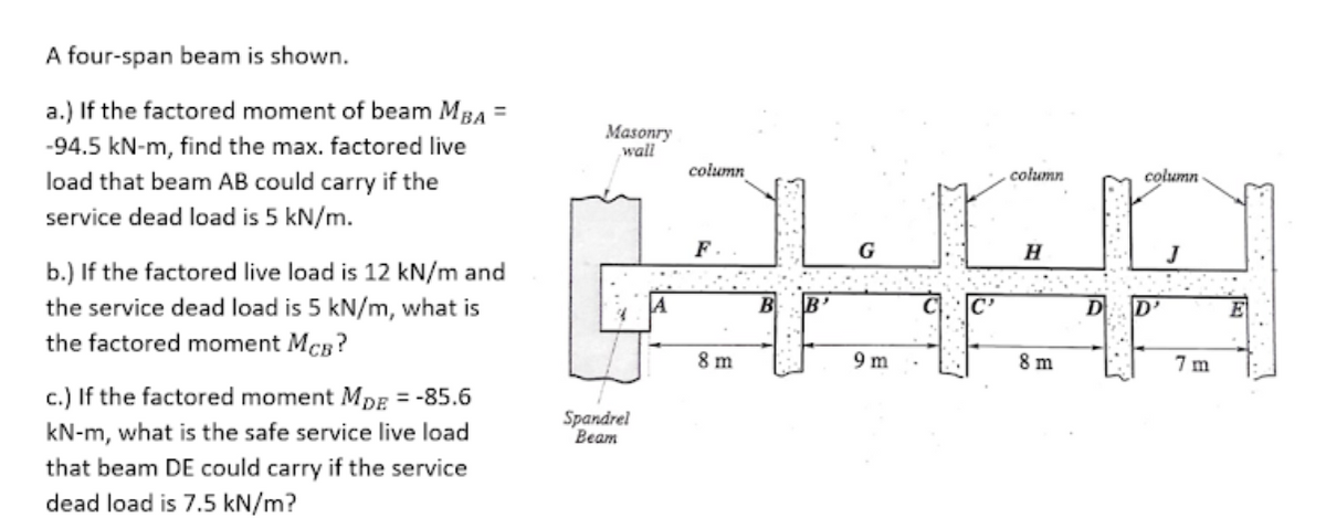 A four-span beam is shown.
a.) If the factored moment of beam MBA =
-94.5 kN-m, find the max. factored live
Masonry
wall
column
column
column
load that beam AB could carry if the
service dead load is 5 kN/m.
F
G
b.) If the factored live load is 12 kN/m and
the service dead load is 5 kN/m, what is
the factored moment McB?
B
B'
C'
D D'
E
8 m
9 m
8 m
7 m
c.) If the factored moment Mpg = -85.6
kN-m, what is the safe service live load
Spandrel
Beam
that beam DE could carry if the service
dead load is 7.5 kN/m?
