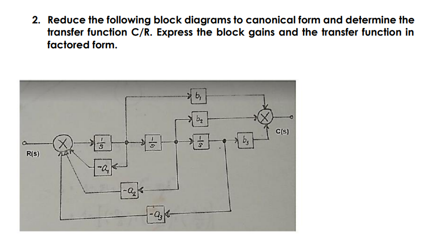 2. Reduce the following block diagrams to canonical form and determine the
transfer function C/R. Express the block gains and the transfer function in
factored form.
b,
ba
C(s)
b,
R(S)
