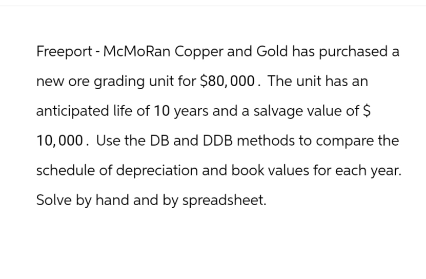 Freeport-McMoRan
Copper and Gold has purchased a
new ore grading unit for $80,000. The unit has an
anticipated life of 10 years and a salvage value of $
10,000. Use the DB and DDB methods to compare the
schedule of depreciation and book values for each year.
Solve by hand and by spreadsheet.
