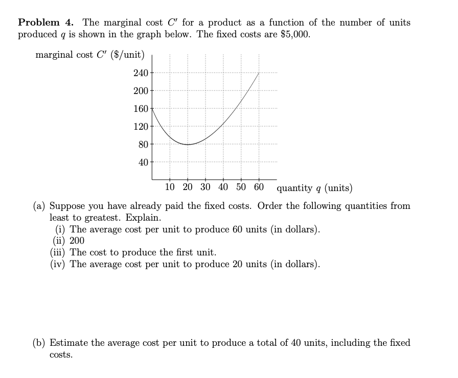 Problem 4. The marginal cost C' for a product as a function of the number of units
produced q is shown in the graph below. The fixed costs are $5,000.
marginal cost C' ($/unit)
240
200
160
120
80
40
10 20 30 40 50 60 quantity q (units)
(a) Suppose you have already paid the fixed costs. Order the following quantities from
least to greatest. Explain.
(i) The average cost per unit to produce 60 units (in dollars).
(ii) 200
(iii) The cost to produce the first unit.
(iv) The average cost per unit to produce 20 units (in dollars).
(b) Estimate the average cost per unit to produce a total of 40 units, including the fixed
costs.
