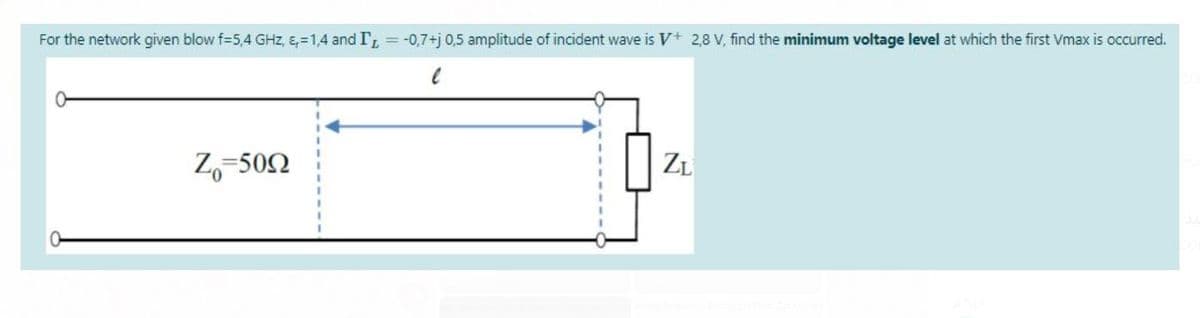 For the network given blow f=5,4 GHz, E,=1,4 and I,
= -0,7+j 0,5 amplitude of incident wave is V+ 2,8 V, find the minimum voltage level at which the first Vmax is occurred.
Z,-50N
ZL
