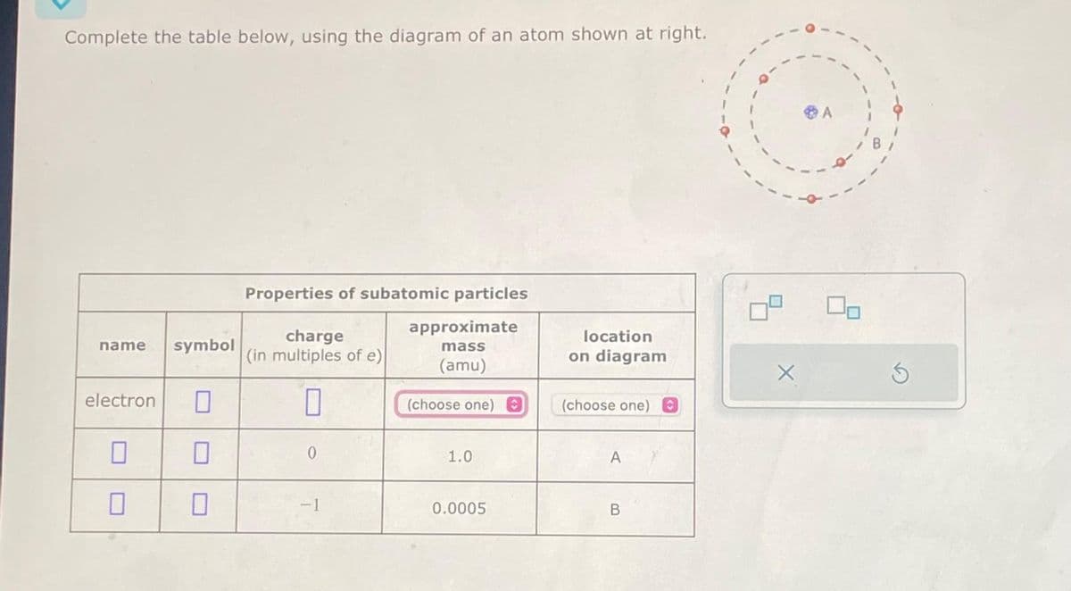 Complete the table below, using the diagram of an atom shown at right.
name symbol
electron 0
0
0
0
Properties of subatomic particles
approximate
mass
(amu)
(choose one) O
charge
(in multiples of e)
0
0
-1
1.0
0.0005
location
on diagram
(choose one) O
A
B
X
00
S