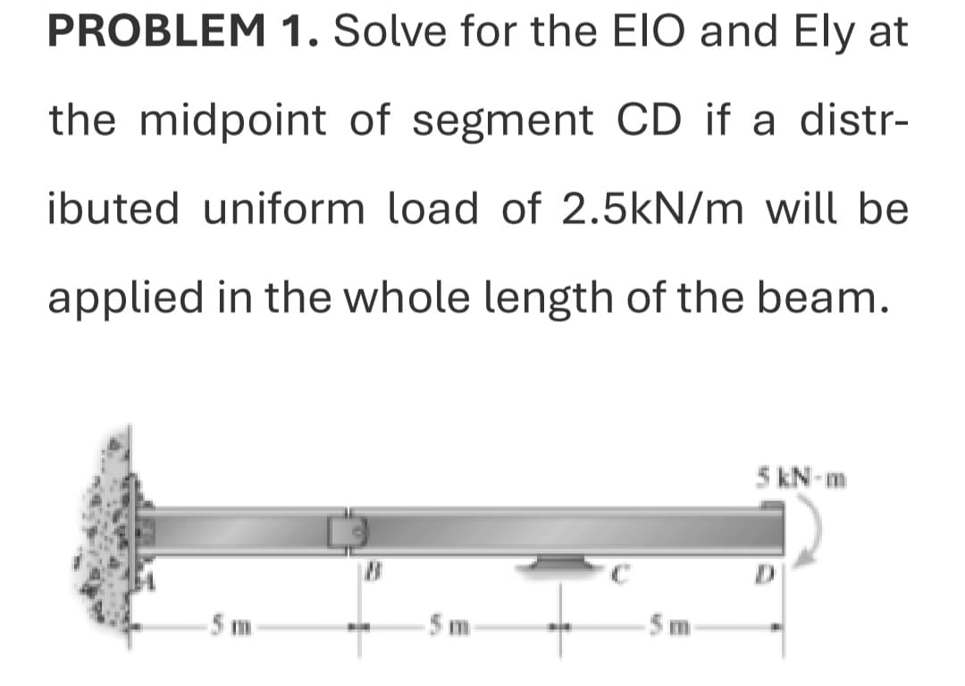 PROBLEM 1. Solve for the EIO and Ely at
the midpoint of segment CD if a distr-
ibuted uniform load of 2.5kN/m will be
applied in the whole length of the beam.
5 m
5 kN-m