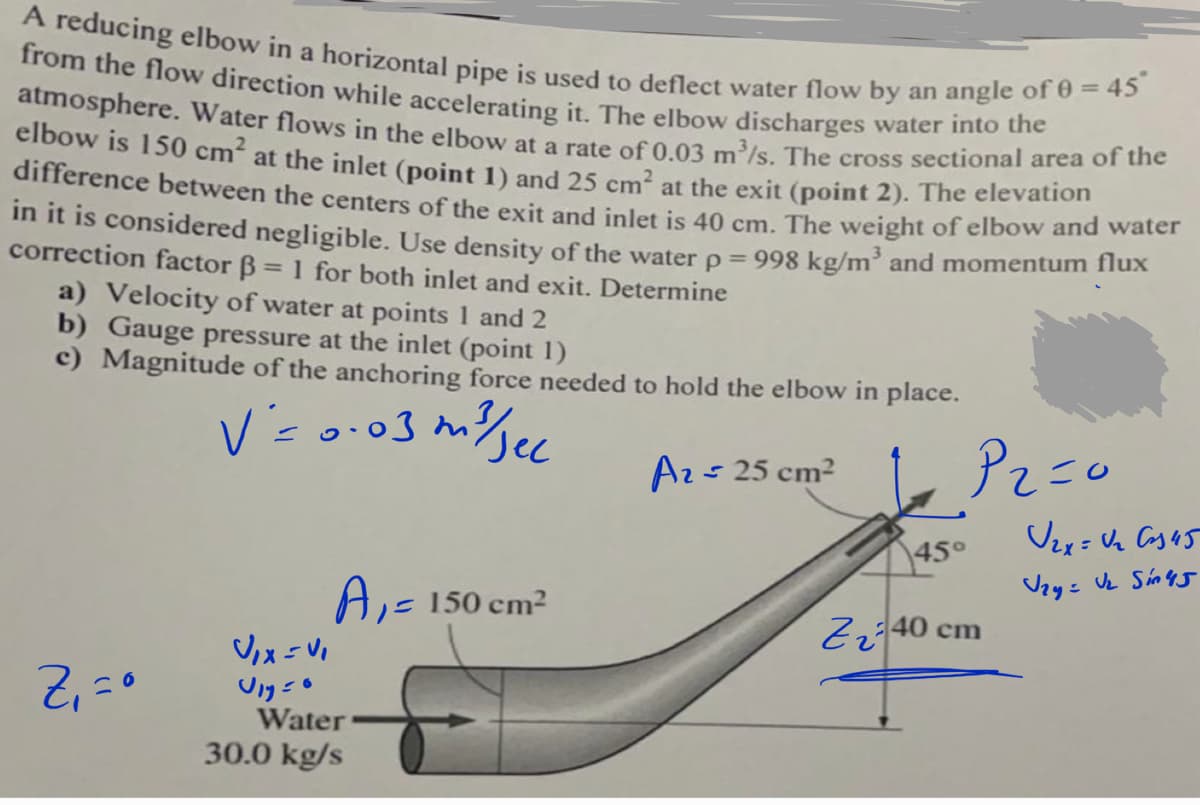 atmosphere. Water flows in the elbow at a rate of 0.03 m³/s. The cross sectional area of the
A reducing elbow in a horizontal pipe is used to deflect water flow by an angle of 0 = 45
from the flow direction while accelerating it. The elbow discharges water mto t
elbow is 150 cm? at the inlet (point 1) and 25 cm? at the exit (point 2). The elevation
difference between the centers of the exit and inlet is 40 cm. The weight of elbow and water
m it is considered negligible. Use density of the water p = 998 kg/m³ and momentum flux
correction factor B = 1 for both inlet and exit. Determine
%3D
a) Velocity of water at points 1 and 2
b) Gauge pressure at the inlet (point 1)
c) Magnitude of the anchoring force needed to hold the elbow in place.
Az=25 cm?
45°
Uzy= Vz Sín4J
A,- 150 cm?
Zzj40 cm
Water
30.0 kg/s
