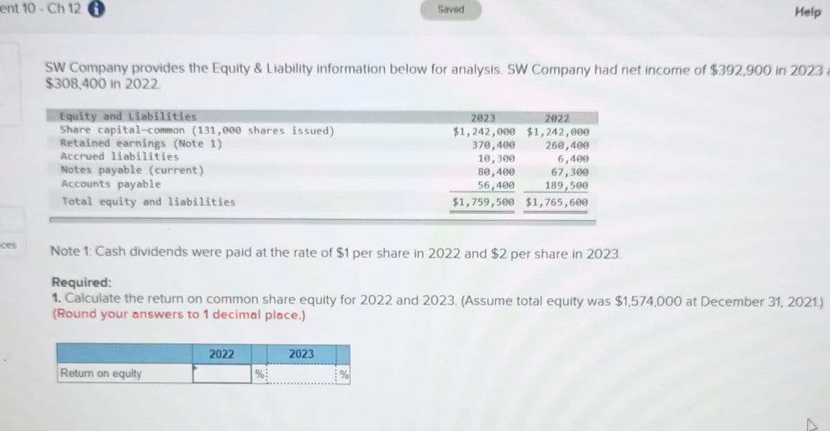 ent 10-Ch 12 i
aces
Equity and Liabilities
Share capital-common (131,000 shares issued)
Retained earnings (Note 1)
Accrued liabilities
Notes payable (current)
Accounts payable
Total equity and liabilities
SW Company provides the Equity & Liability information below for analysis. SW Company had net income of $392,900 in 2023 a
$308,400 in 2022.
Return on equity
2022
%
Saved
2023
Note 1: Cash dividends were paid at the rate of $1 per share in 2022 and $2 per share in 2023.
Required:
1. Calculate the return on common share equity for 2022 and 2023. (Assume total equity was $1,574,000 at December 31, 2021.)
(Round your answers to 1 decimal place.)
%
2023
2022
$1,242,000 $1,242,000
370,400
10,300
80,400
56,400
Help
260,400
6,400
67,300
189,500
$1,759,500 $1,765,600