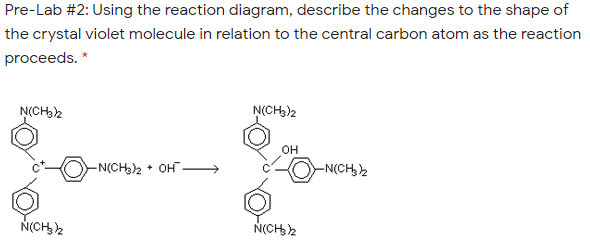 Pre-Lab #2: Using the reaction diagram, describe the changes to the shape of
the crystal violet molecule in relation to the central carbon atom as the reaction
proceeds. *
N(CH2
N(CH3)2
он
-N(CH)2 + OH
-N(CH2
N(CH,2
N(CH2
