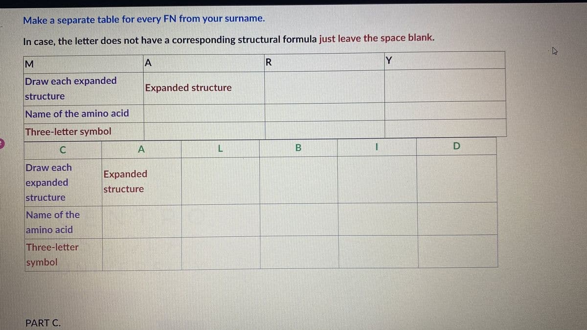 Make a separate table for every FN from your surname.
In case, the letter does not have a corresponding structural formula just leave the space blank.
A
Y
M
Draw each expanded
structure
Name of the amino acid
Three-letter symbol
С
Draw each
expanded
structure
Name of the
amino acid
Three-letter
symbol
PART C.
Expanded structure
A
Expanded
structure
R
B
1
D