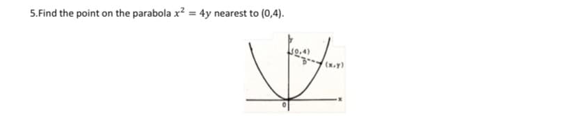 5.Find the point on the parabola x? = 4y nearest to (0,4).
(x.y)

