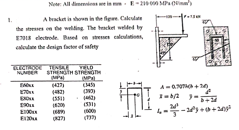 Note: All dimensions are in mm
E - 210 000 MPa (N/mm')
F-13 IN
1.
A bracket is shown in the figure. Calculate
the stresses on the welding. The bracket welded by
E7018 clectrode. Based on stresses calculations,
calculate the design factor of safety
ELECTRODE TENSILE
NUMBER
YIELD
STRENGTH STRENGTH
_(MPa)
(345)
(393)
(462)
(531)
(MPa)
E60xx
(427)
(482)
(551)
(620)
A = 0.707h(b + 2d).
E70xx
i = b/2
ESOxx
b+ 2d
E90xx
2d3
(600)
(737)
- 2d?y + (b+2d)3²
3
E100xx
(689)
(827)
%3D
E120xx
