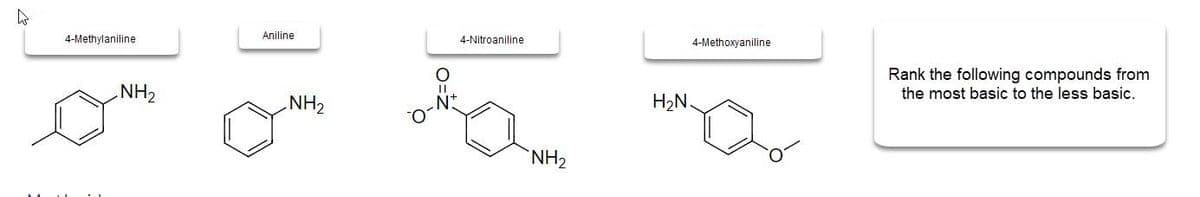 Aniline
4-Methylaniline
4-Nitroaniline
4-Methoxyaniline
Rank the following compounds from
the most basic to the less basic.
NH2
N*
H2N
ZHN
`NH2
