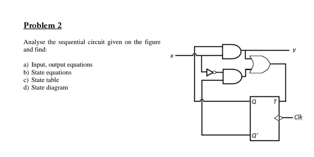 Problem 2
Analyse the sequential circuit given on the figure
and find:
a) Input, output equations
b) State equations
c) State table
d) State diagram
Q'
y
Clk