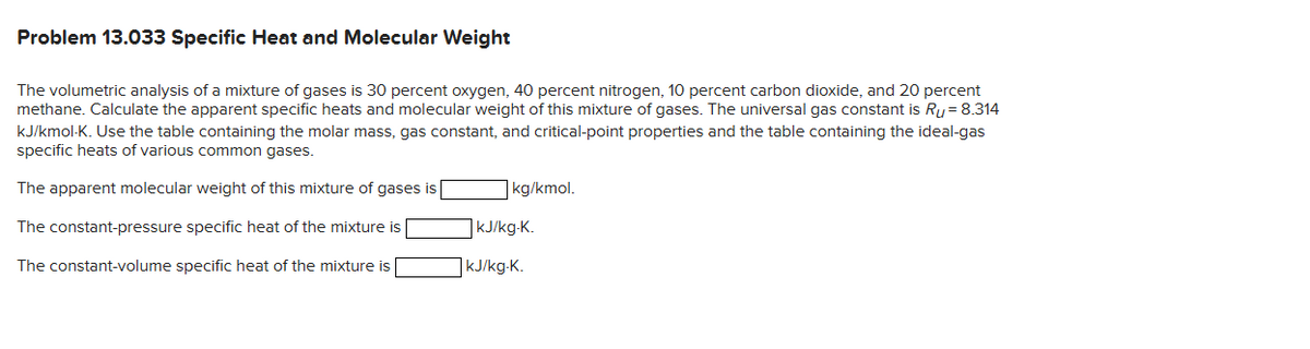 Problem 13.033 Specific Heat and Molecular Weight
The volumetric analysis of a mixture of gases is 30 percent oxygen, 40 percent nitrogen, 10 percent carbon dioxide, and 20 percent
methane. Calculate the apparent specific heats and molecular weight of this mixture of gases. The universal gas constant is Ru = 8.314
kJ/kmol-K. Use the table containing the molar mass, gas constant, and critical-point properties and the table containing the ideal-gas
specific heats of various common gases.
The apparent molecular weight of this mixture of gases is
The constant-pressure specific heat of the mixture is
The constant-volume specific heat of the mixture is
kg/kmol.
kJ/kg-K.
kJ/kg-K.