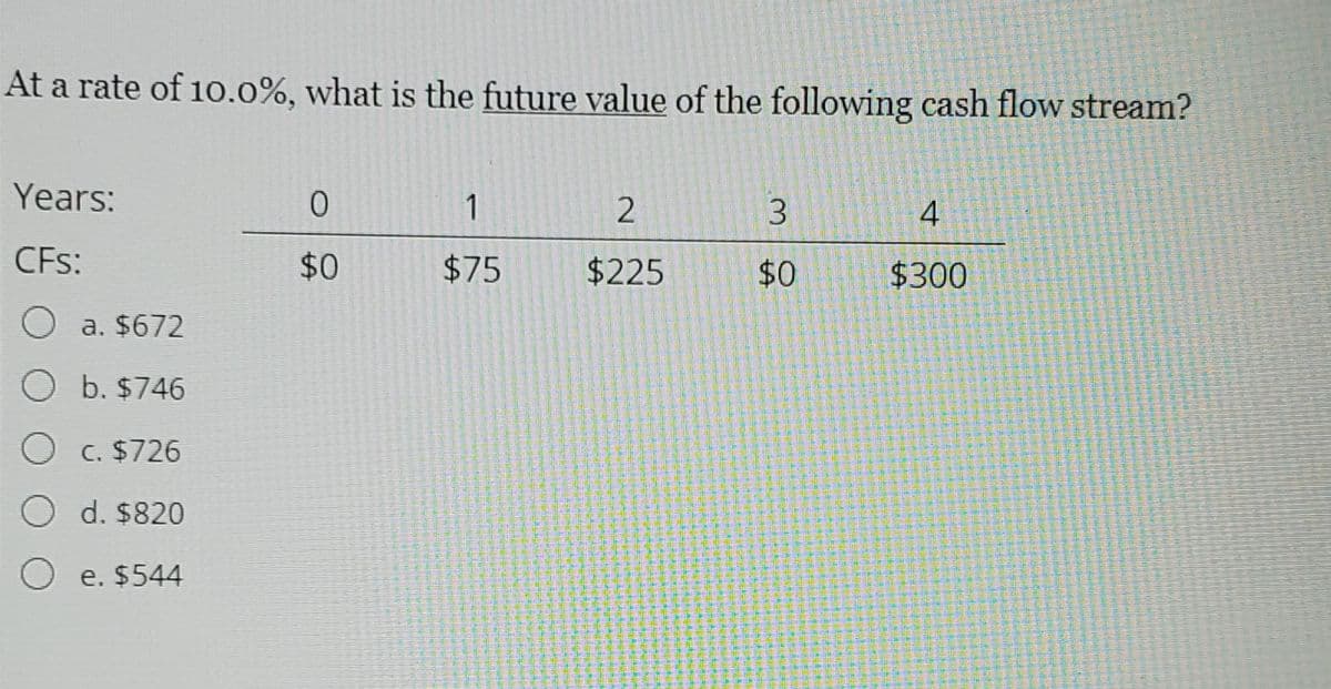 At a rate of 10.0%, what is the future value of the following cash flow stream?
Years:
1
3.
CFs:
$0
$75
$225
$0
$300
O a. $672
O b. $746
O c. $726
O d. $820
O e. $544
