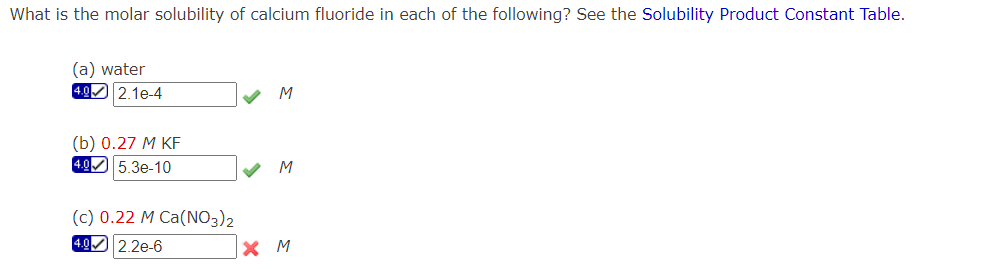 What is the molar solubility of calcium fluoride in each of the following? See the Solubility Product Constant Table.
(a) water
4.0 2.1e-4
(b) 0.27 M KF
4.0 5.3e-10
(c) 0.22 M Ca(NO3)2
4.0 2.2e-6
M
M
X M