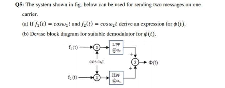 Q5: The system shown in fig. below can be used for sending two messages on one
carrier.
(a) If fi(t) = coswt and f2(t) = coswzt derive an expression for $(t).
(b) Devise block diagram for suitable demodulator for (t).
LPF
fi (t)
@e:
cos ot
O(t)
HPF
f; (t) -
