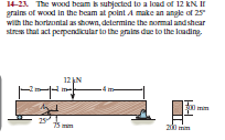 14-23 The wood beam k subjected to a load of 12 kN II
grais of wood in the heam at point A make an angle of 25
with the hortzontal as shown, determine the normal and shear
stress that act perpendicular to the grains due to the laading,
12N
Imim
200 mm
