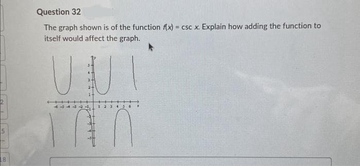 5
18
Question 32
The graph shown is of the function f(x) = csc x. Explain how adding the function to
itself would affect the graph.
N
4