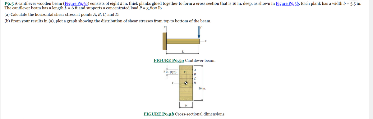 P9.5 A cantilever wooden beam (Figure P9.5a) consists of eight 2 in. thick planks glued together to form a cross section that is 16 in. deep, as shown in Figure P9.5b. Each plank has a width b = 5.5 in.
The cantilever beam has a length L = 6 ft and supports a concentrated load P = 3,800 lb.
(a) Calculate the horizontal shear stress at points A, B, C, and D.
(b) From your results in (a), plot a graph showing the distribution of shear stresses from top to bottom of the beam.
FIGURE P9.5a Cantilever beam.
2 in. (typ)
y
b
A
B
C
D
16 in.
FIGURE P9.5b Cross-sectional dimensions.