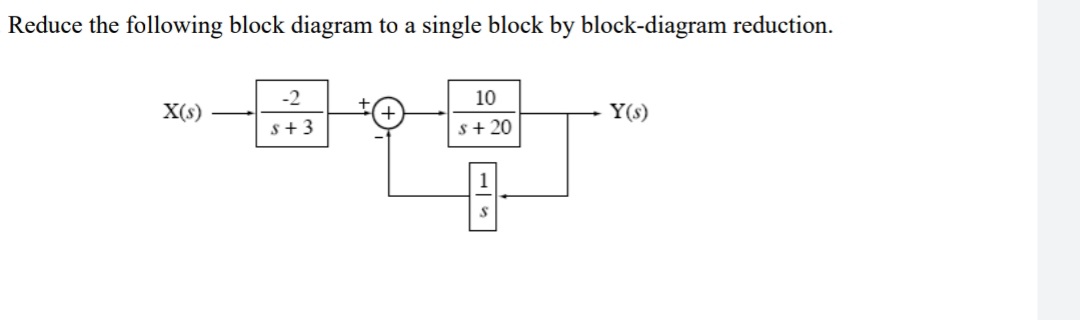 Reduce the following block diagram to a single block by block-diagram reduction.
-2
10
X(s)
Y(s)
s+3
s+ 20
1
