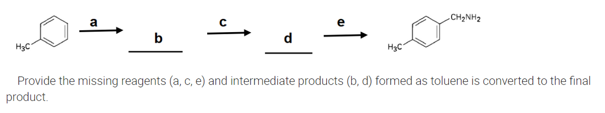 H3C
a
с
e
H3C
-CH2NH2
Provide the missing reagents (a, c, e) and intermediate products (b, d) formed as toluene is converted to the final
product.