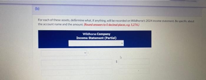 (b)
For each of these assets, determine what, if anything, will be recorded on Wildhorse's 2024 income statement. Be specific about
the account name and the amount. (Round answers to 0 decimal places, eg. 5,276)
Wildhorse Company
Income Statement (Partial)
$