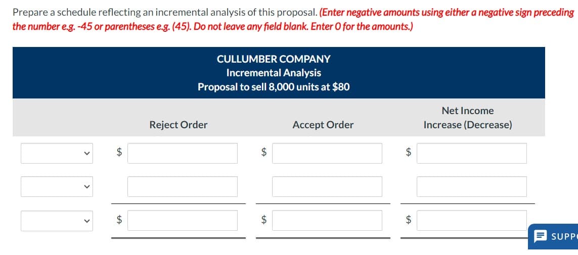 Prepare a schedule reflecting an incremental analysis of this proposal. (Enter negative amounts using either a negative sign preceding
the number e.g. -45 or parentheses e.g. (45). Do not leave any field blank. Enter O for the amounts.)
$
$
CULLUMBER COMPANY
Incremental Analysis
Proposal to sell 8,000 units at $80
Reject Order
$
$
Accept Order
$
$
Net Income
Increase (Decrease)
SUPPO