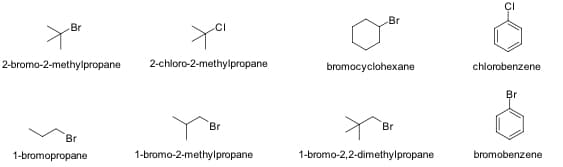 Br
Br
CI
you
2-bromo-2-methylpropane
2-chloro-2-methylpropane
bromocyclohexane
chlorobenzene
Br
Br
Br
Br
1-bromopropane
1-bromo-2-methylpropane
1-bromo-2,2-dimethylpropane
bromobenzene
