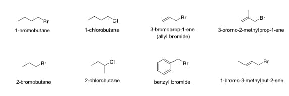 Br
Br
Br
CI
3-bromoprop-1-ene
(allyl bromide)
1-bromobutane
1-chlorobutane
3-bromo-2-methylprop-1-ene
Br
Br
Br
2-bromobutane
2-chlorobutane
benzyl bromide
1-bromo-3-methylbut-2-ene
