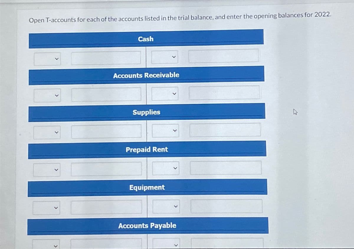 Open T-accounts for each of the accounts listed in the trial balance, and enter the opening balances for 2022.
Cash
Accounts Receivable
Supplies
Prepaid Rent
Equipment
Accounts Payable